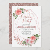 ばら色の金ゴールドのグリッターの幾何学的な花の誕生会 招待状 (正面/裏面)