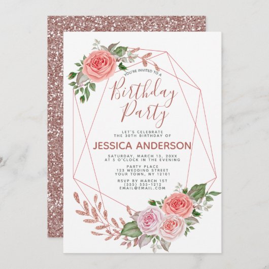ばら色の金ゴールドのグリッターの幾何学的な花の誕生会 招待状 (正面/裏面)