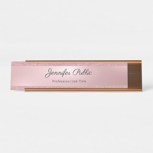 ばら色の金ゴールドのグリッターの書道の文字のエレガントなモダン デスクネームプレート (正面)