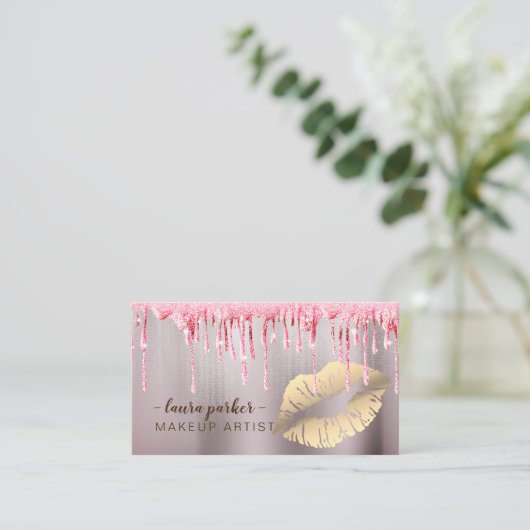 ばら色の金ゴールドのグリッターの滴りの唇のメーキャップアーティストのサロン 名刺 (スタンド正面)