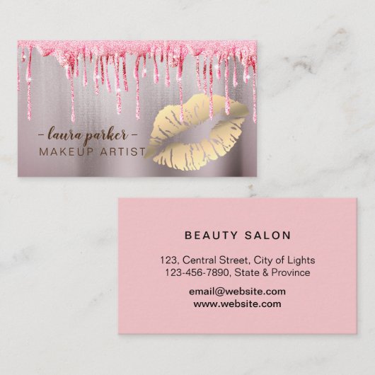 ばら色の金ゴールドのグリッターの滴りの唇のメーキャップアーティストのサロン 名刺 (正面/裏面)