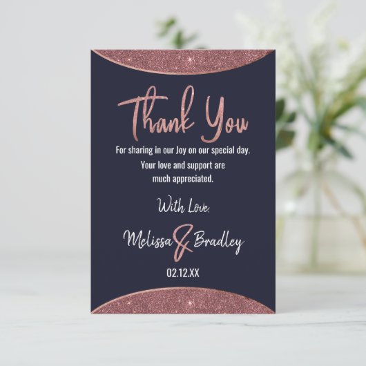 ばら色の金ゴールドのグリッターの濃紺の回状は感謝していしています サンキューカード (スタンド正面)