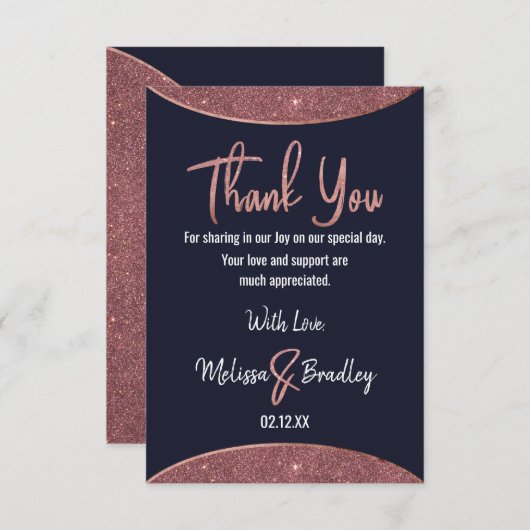 ばら色の金ゴールドのグリッターの濃紺の回状は感謝していしています サンキューカード (正面/裏面)