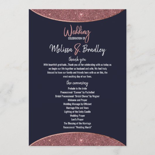 ばら色の金ゴールドのグリッターの濃紺の回状プログラム プログラム (正面)