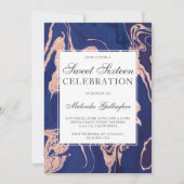 ばら色の金ゴールドのグリッターの濃紺の大理石のsweet sixteen 招待状 (正面)