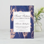 ばら色の金ゴールドのグリッターの濃紺の大理石のsweet sixteen 招待状 (スタンド正面)