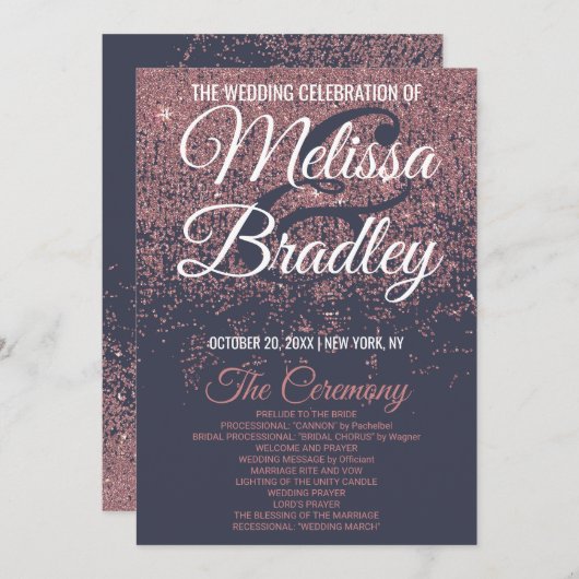 ばら色の金ゴールドのグリッターの濃紺の結婚式プログラム プログラム (正面/裏面)