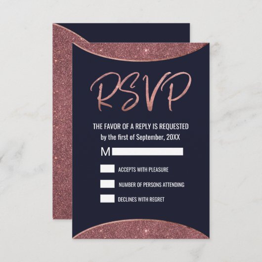 ばら色の金ゴールドのグリッターの濃紺円RSVP 出欠カード (正面/裏面)