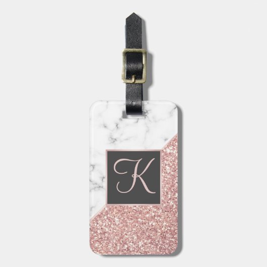 ばら色の金ゴールドのグリッターの白い大理石のモノグラムのなイニシャル ラゲッジタグ (正面縦)