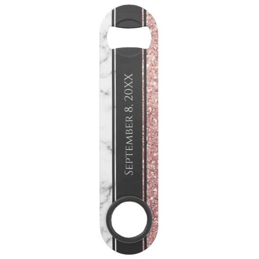 ばら色の金ゴールドのグリッターの白い大理石のモノグラムのの結婚 スピード栓抜き (裏面)