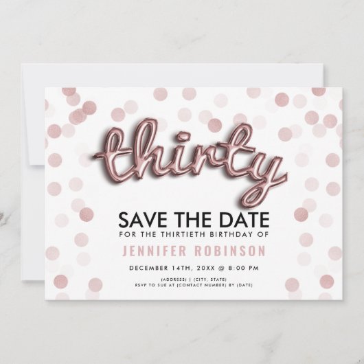 ばら色の金ゴールドのグリッターの第30誕生日の保存日付 招待状 (正面)