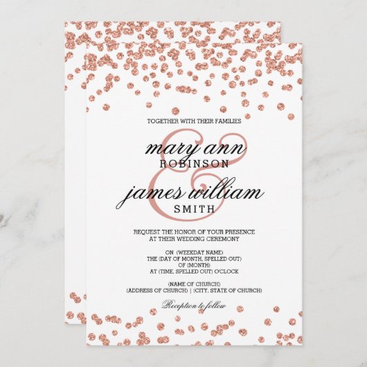 ばら色の金ゴールドのグリッターの紙吹雪の白くエレガントな結婚式 招待状 (正面/裏面)
