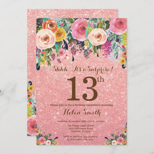 ばら色の金ゴールドのグリッターの花の驚きの第13誕生日 招待状 (正面/裏面)