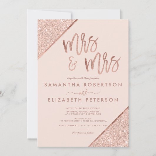 ばら色の金ゴールドのグリッターの赤面のピンクのシックなレズビアンの結婚式 招待状 (正面)