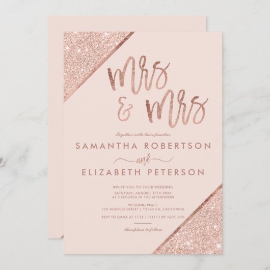 ばら色の金ゴールドのグリッターの赤面のピンクのシックなレズビアンの結婚式 招待状 (正面/裏面)