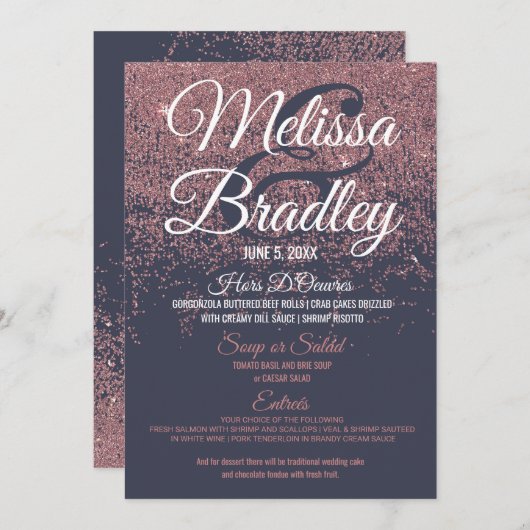 ばら色の金ゴールドのグリッターの輝きの濃紺の結婚式メニュー メニュー (正面/裏面)