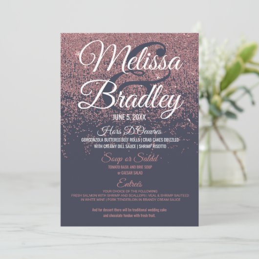 ばら色の金ゴールドのグリッターの輝きの濃紺の結婚式メニュー メニュー (スタンド正面)