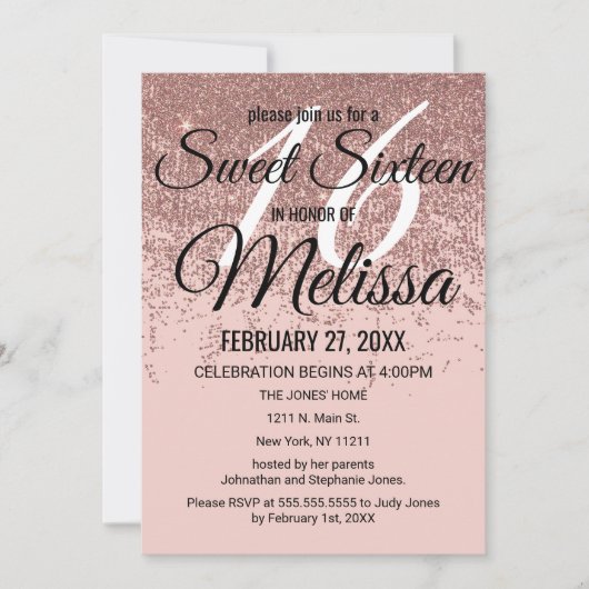 ばら色の金ゴールドのグリッターの輝きの赤面のピンクの菓子16 招待状 (正面)