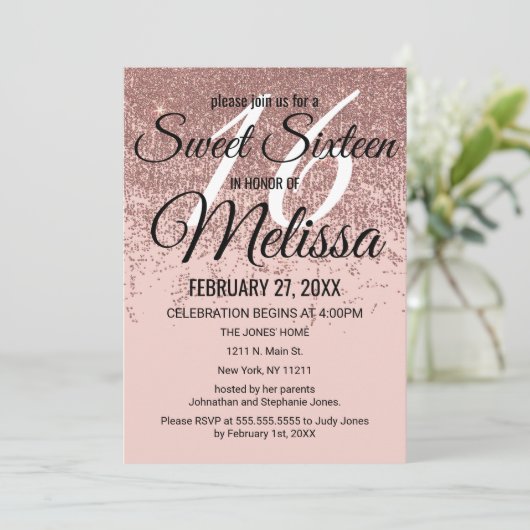 ばら色の金ゴールドのグリッターの輝きの赤面のピンクの菓子16 招待状 (スタンド正面)