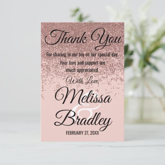 ばら色の金ゴールドのグリッターの輝きの赤面のピンクは感謝していしています サンキューカード (スタンド正面)