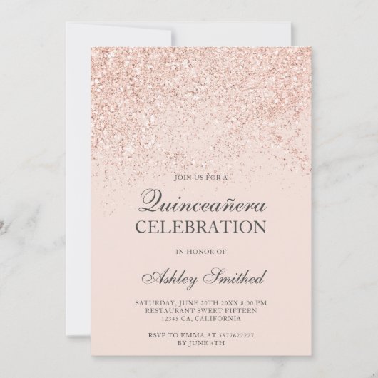 ばら色の金ゴールドのグリッターの輝きの赤面の上品Quinceañera 招待状 (正面)