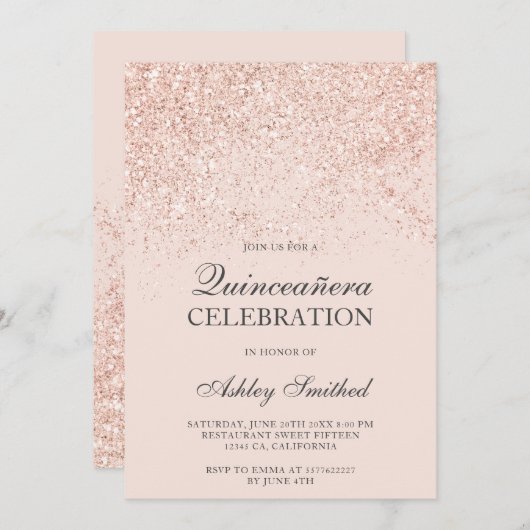 ばら色の金ゴールドのグリッターの輝きの赤面の上品Quinceañera 招待状 (正面/裏面)