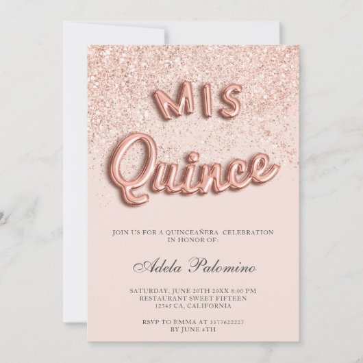 ばら色の金ゴールドのグリッターはシックな赤面Quinceañeraを風船のようにふくらませます 招待状 (正面)
