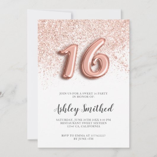ばら色の金ゴールドのグリッターはピンクの魅力的でシックな菓子16に文字を入れます 招待状 (正面)