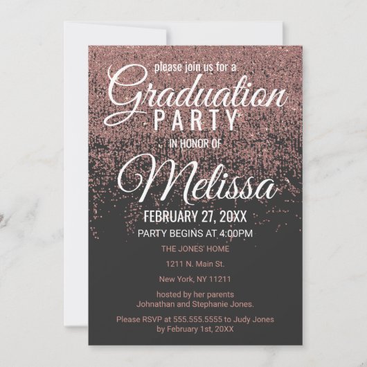 ばら色の金ゴールドのグリッターは黒い卒業パーティー光っています 招待状 (正面)