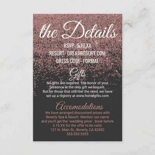 ばら色の金ゴールドのグリッターは黒い結婚式の詳細光っています エンクロージャーカード (正面)