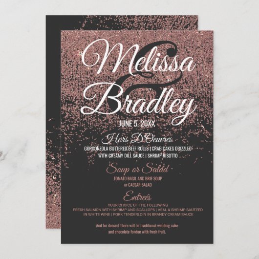 ばら色の金ゴールドのグリッターは黒い結婚式メニュー光っています メニュー (正面/裏面)