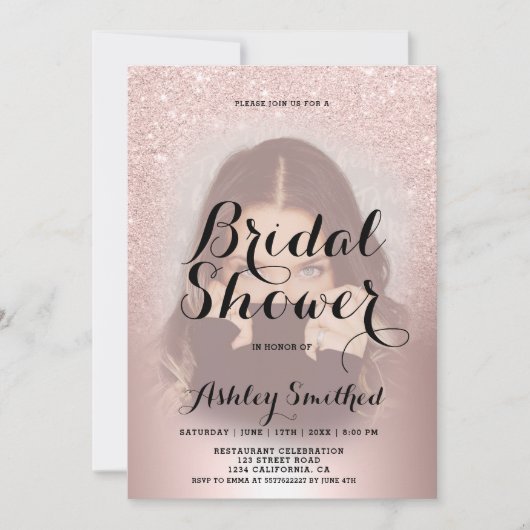 ばら色の金ゴールドのグリッターグラデーションなホイルの写真のブライダルシャワー 招待状 (正面)