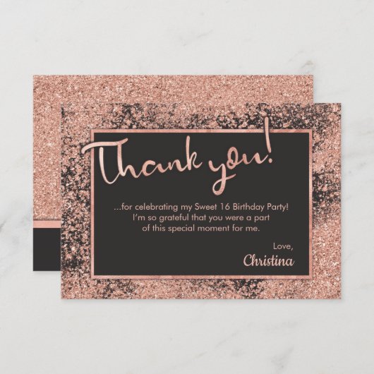 ばら色の金ゴールドのグリッター及び灰色の菓子16の魅力的な人気がある サンキューカード (正面/裏面)