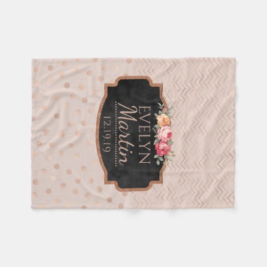 ばら色の金ゴールドのシェブロンの水玉模様|のモノグラムのな花柄 フリースブランケット (正面(横))