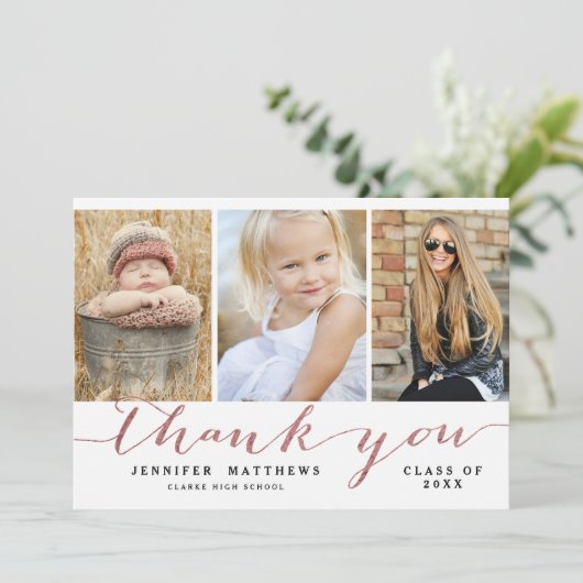 ばら色の金ゴールドのシックな原稿の写真の卒業は感謝していしています サンキューカード (スタンド正面)