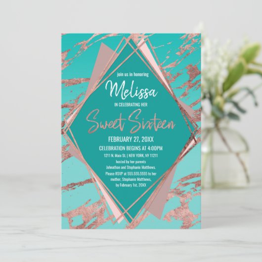 ばら色の金ゴールドのティール（緑がかった色）の緑の大理石のダイヤモンドの菓子16 招待状 (スタンド正面)