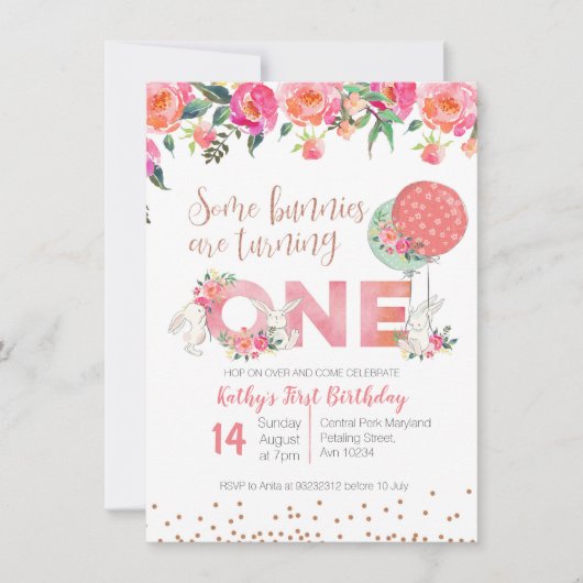 ばら色の金ゴールドのバニーの双生児の誕生日の花柄の招待状 招待状 (正面)