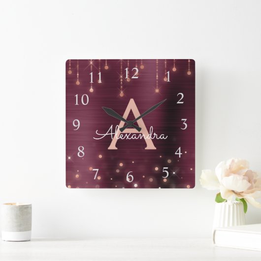 ばら色の金ゴールドのバーガンディの輝きのモノグラムの名前及びイニシャル スクエア壁時計 (ホーム)