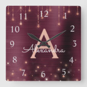 ばら色の金ゴールドのバーガンディの輝きのモノグラムの名前及びイニシャル スクエア壁時計 (正面)