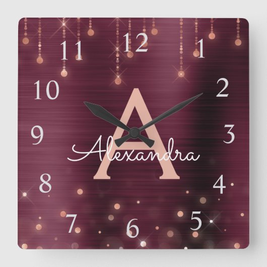 ばら色の金ゴールドのバーガンディの輝きのモノグラムの名前及びイニシャル スクエア壁時計 (正面)