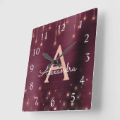 ばら色の金ゴールドのバーガンディの輝きのモノグラムの名前及びイニシャル スクエア壁時計 (傾斜)