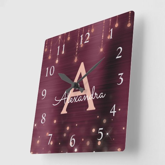 ばら色の金ゴールドのバーガンディの輝きのモノグラムの名前及びイニシャル スクエア壁時計 (傾斜)