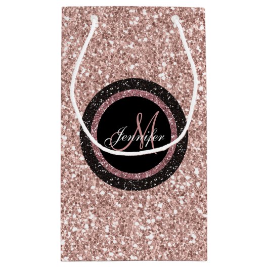 ばら色の金ゴールドのピンクのグリッターのモノグラムの名前のガーリーなパーティー スモールペーパーバッグ (裏面)