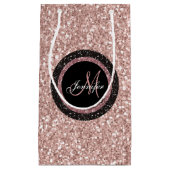 ばら色の金ゴールドのピンクのグリッターのモノグラムの名前のガーリーなパーティー スモールペーパーバッグ (正面)