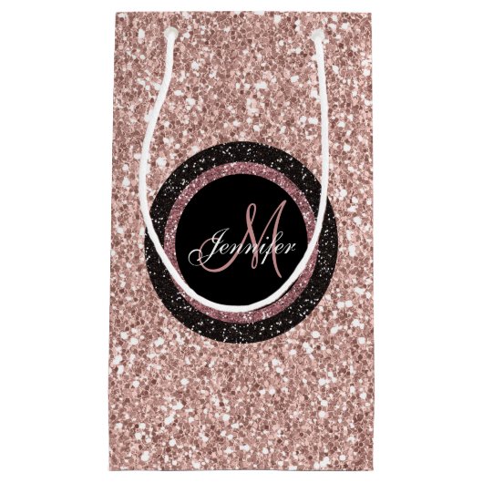 ばら色の金ゴールドのピンクのグリッターのモノグラムの名前のガーリーなパーティー スモールペーパーバッグ (正面)