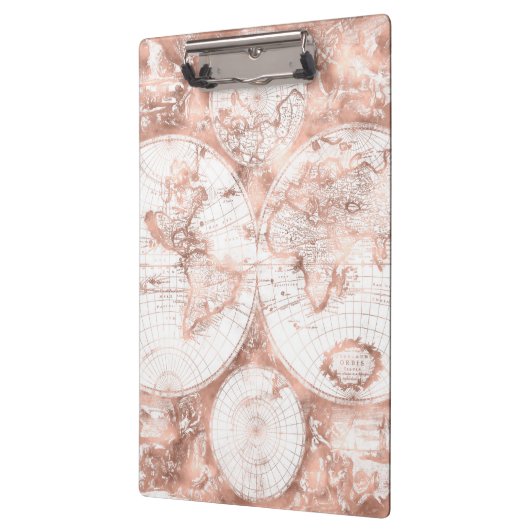 ばら色の金ゴールドのピンクの金属のグリッターの旧式な世界地図 クリップボード (左)
