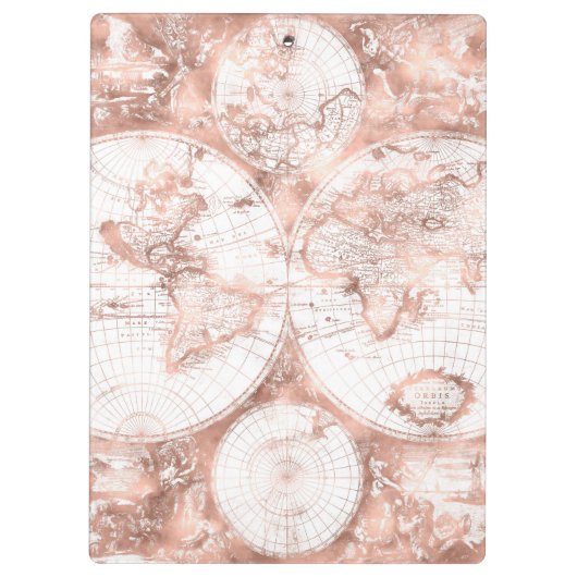 ばら色の金ゴールドのピンクの金属のグリッターの旧式な世界地図 クリップボード (裏面)