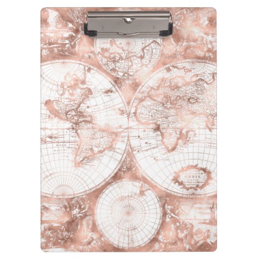 ばら色の金ゴールドのピンクの金属のグリッターの旧式な世界地図 クリップボード (正面)