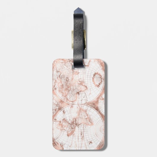ばら色の金ゴールドのピンクの金属のグリッターの旧式な世界地図 ラゲッジタグ (裏面縦)