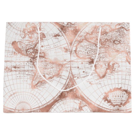 ばら色の金ゴールドのピンクの金属のグリッターの旧式な世界地図 ラージペーパーバッグ (正面)